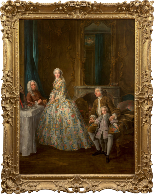 Dame à sa toilette sous Louis XV : broderies, galons, dentelles