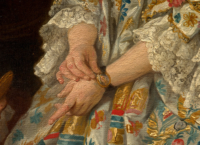 Dame à sa toilette sous Louis XV : broderies, bracelet et dentelles 18e