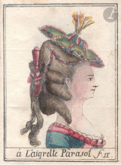 Coiffure féminine vers 1780 à l'aigrette parasol